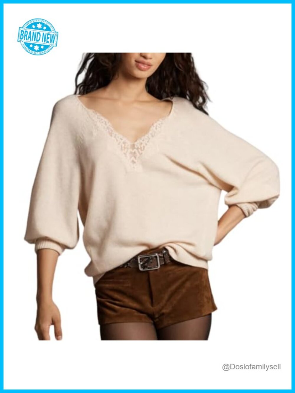 Oversized Lace V-Neck Knit Pullover Sweater Balloon Sleeve Loose Fit Casual Top